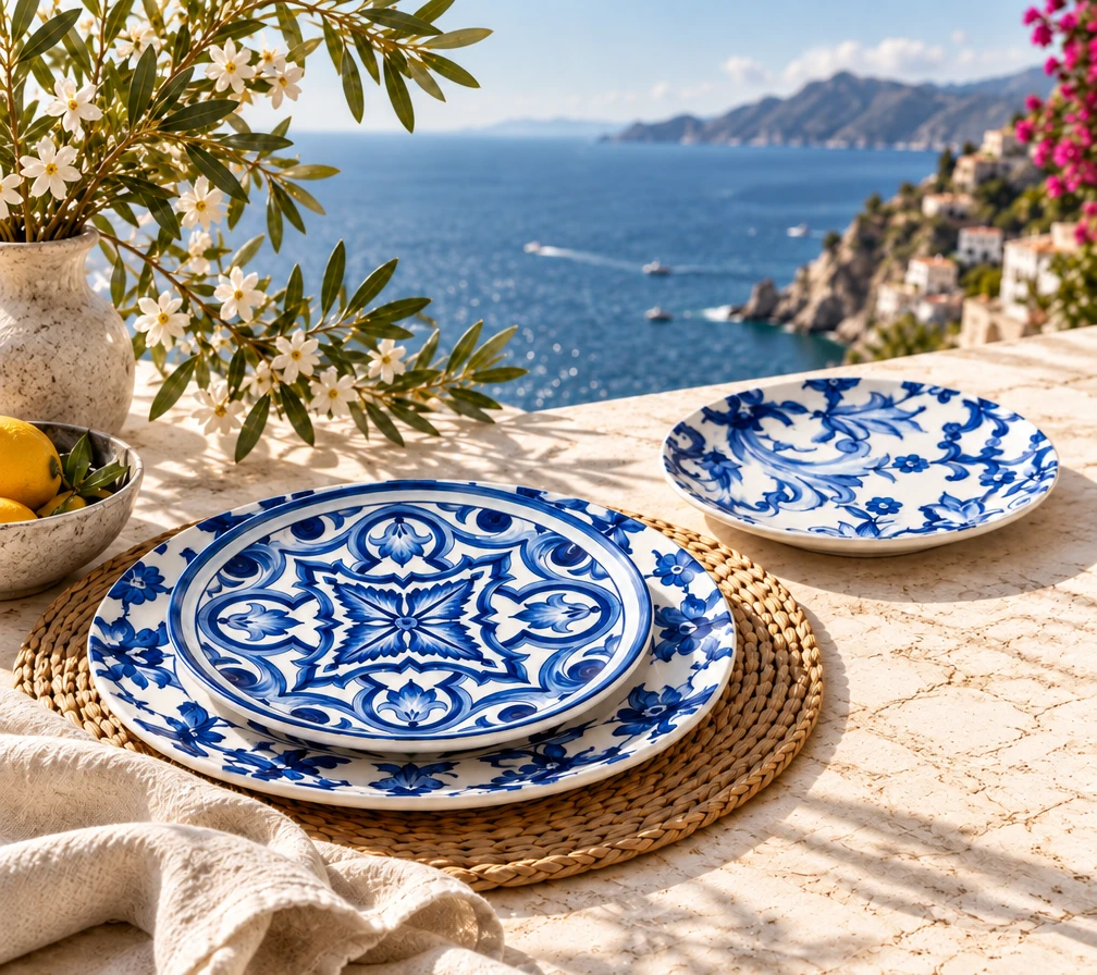 Monaco Bleu plates on a sunlit Mediterranean terrace