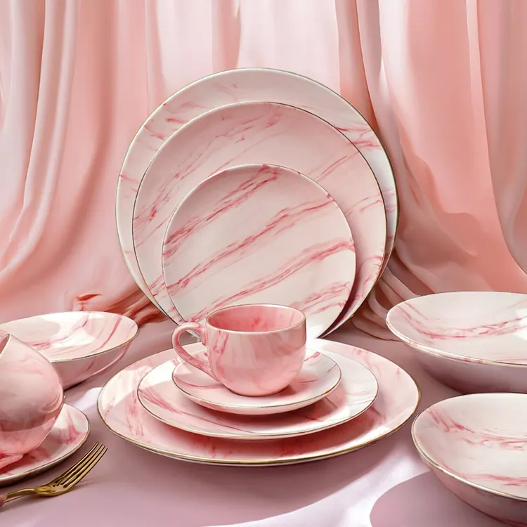 Marble Rose 32 Pieces Dinner Set (With Gold Lining)