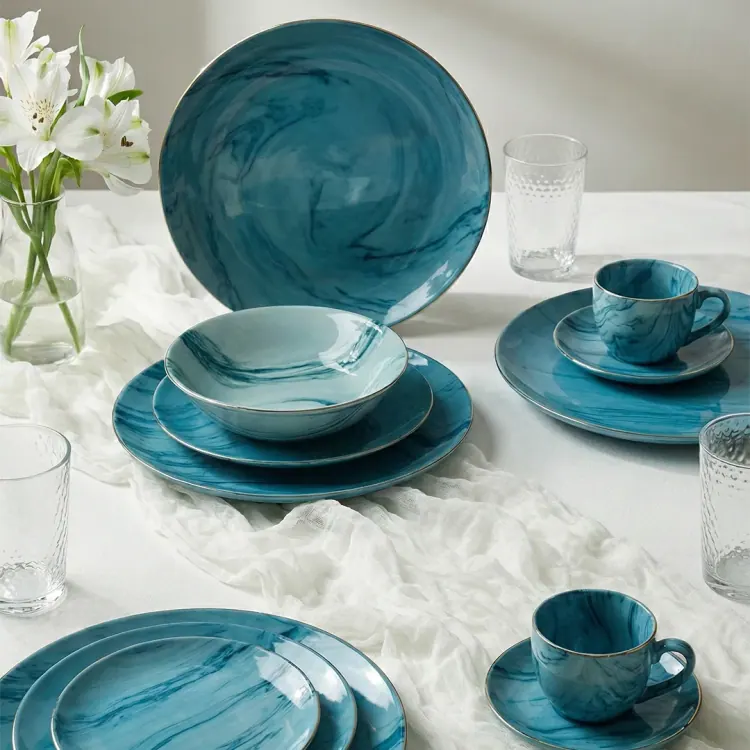 Aqua Marble 32 Pieces Dinner Set (With Gold Lining)